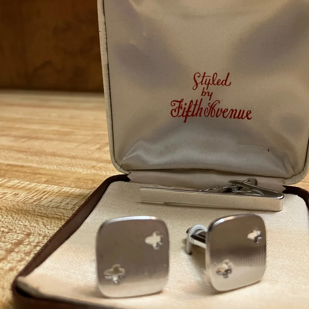 Vintage 1950s Cufflinks & Tie Clip Set Styled by Fifth Avenue w/ Box